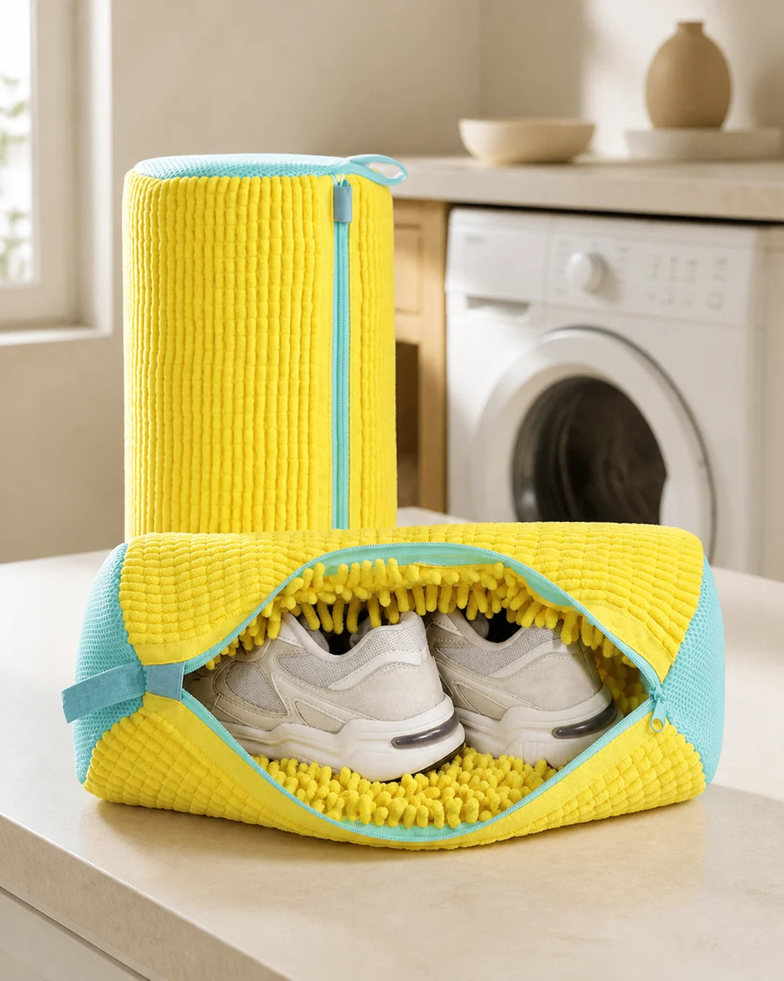 Yellow Click&Grab ShoeWash bag in a premium laundry room