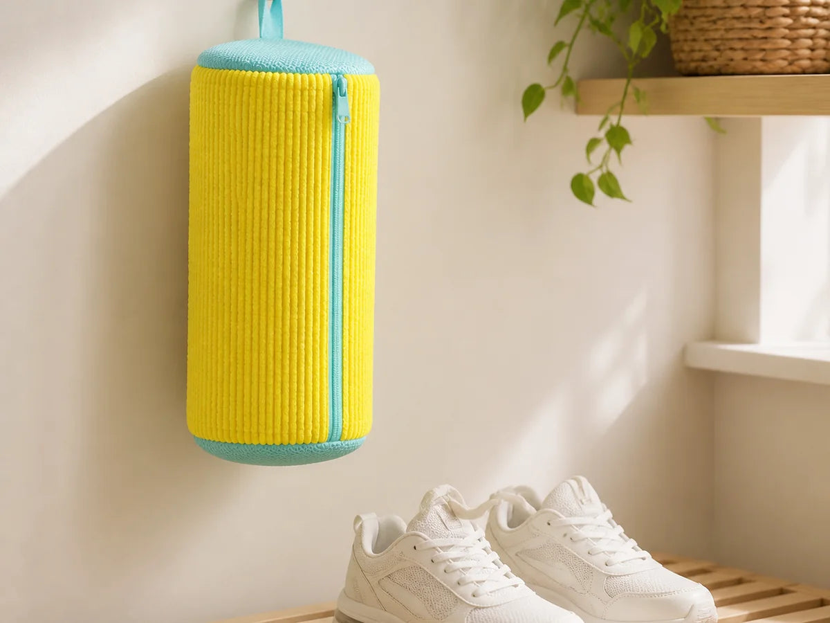 Yellow ShoeWash bag hanging to air-dry above clean textile sneakers