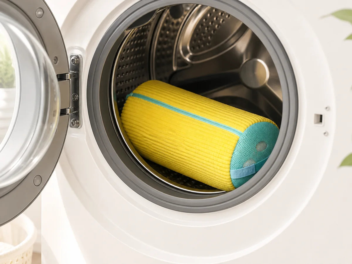 Closed yellow ShoeWash bag resting inside a front-loading washing machine